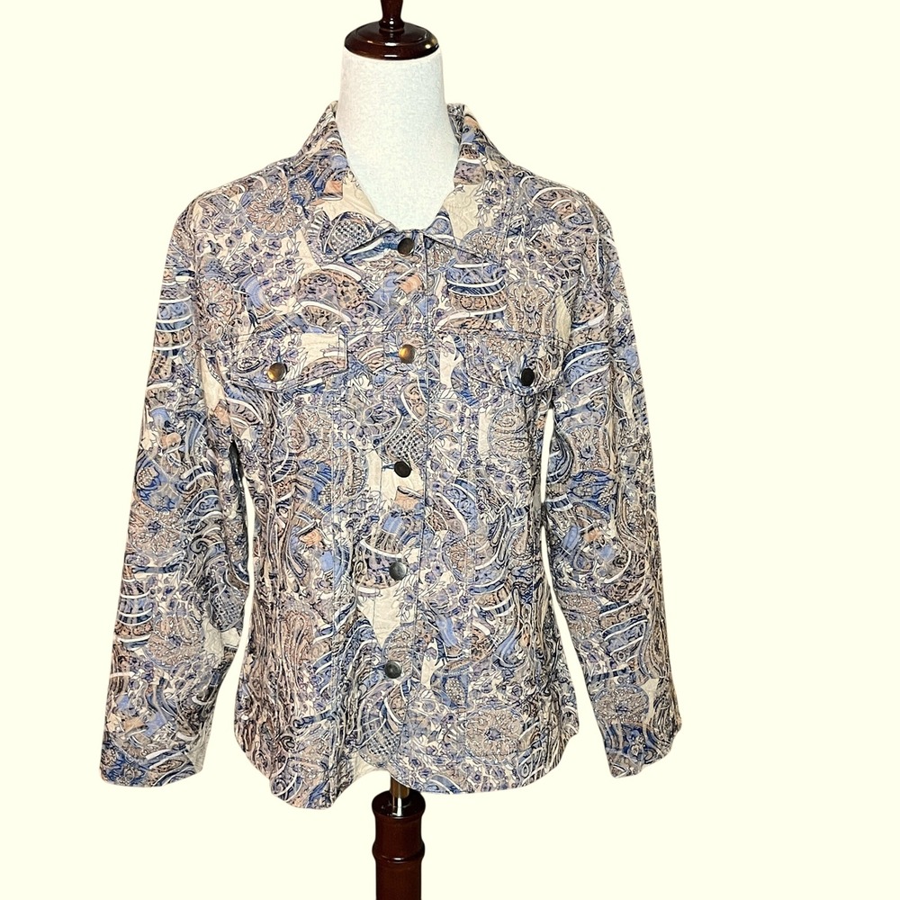 Analogy‎ Womens Paisley Print Button Up Jacket Sz L Cotton Blend Lightly Quilted